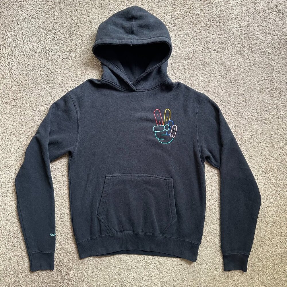 Adidas Sweatshirt Mens Small Pullover Hoodie Black Spellout Colorful Pockets